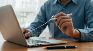 Mann am Notebook zeigt mit Stift Wachstumskurve