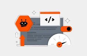 Illustration mit Robotersymbol, Leistungsicon und html vor einem Notebook-Symbol