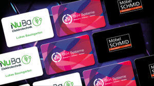 Mehrere NFC Visitenkarten mit Nuba, Möbel Schmid und SHK Symbol
